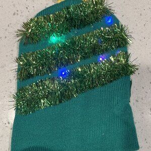 Light Up Christmas Tree Hat Green Tinsel